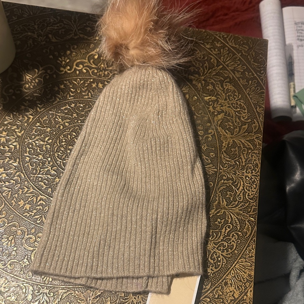 Michael Kors Tan Knit Hat with Fur Pom